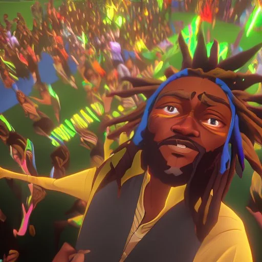 A vibrant and energetic concert performance by Lucky Dube, with a large crowd of enthusiastic fans dancing and singing along to his reggae music.spirit.energy and beauty of this moment.