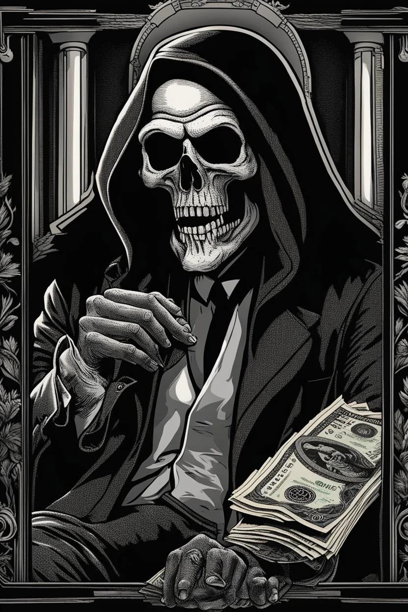 ultra high image quality, Grim Reaper, WEARING A 3 PIECE SUIT, POSED FOR DOLLAR BILL PORTRAIT, LINE TONE, WSJ STYLE, HEDCUT, Close-up of an set against AMOLED-worthy pure black backdrop, fantasy art style infused with filter, tailored for vertical wallpaper, exclusive design with no duplicates, radiating beauty suitable for a PC screen image, vivid colors, ultra fine, digital painting, BASED ON THE UNITED STATES TREASURY NOTE ONE DOLLAR BILL