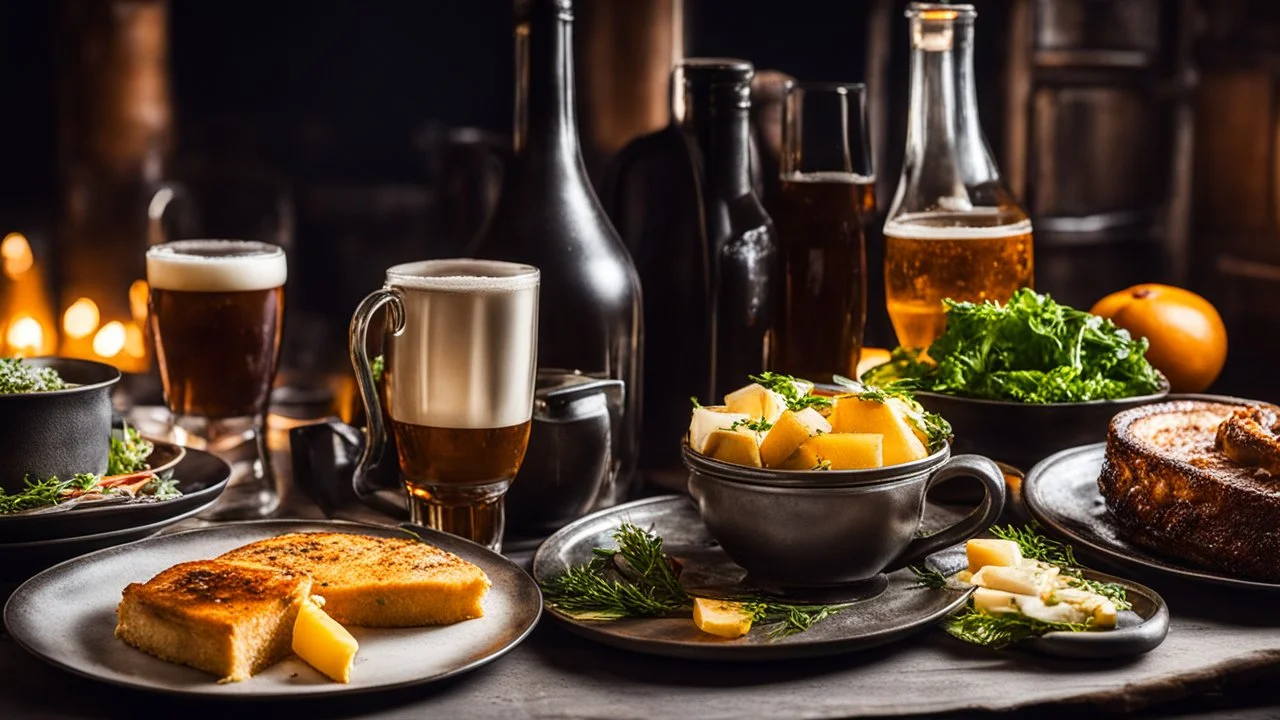 8080, delightful, sensitive, delicious food, banquet, pewter tankards and pewter plates, beer, ale, stout, confident, night, darkness, architecture, filled with delicious food, award-winning photograph, beautiful composition, chiascuro