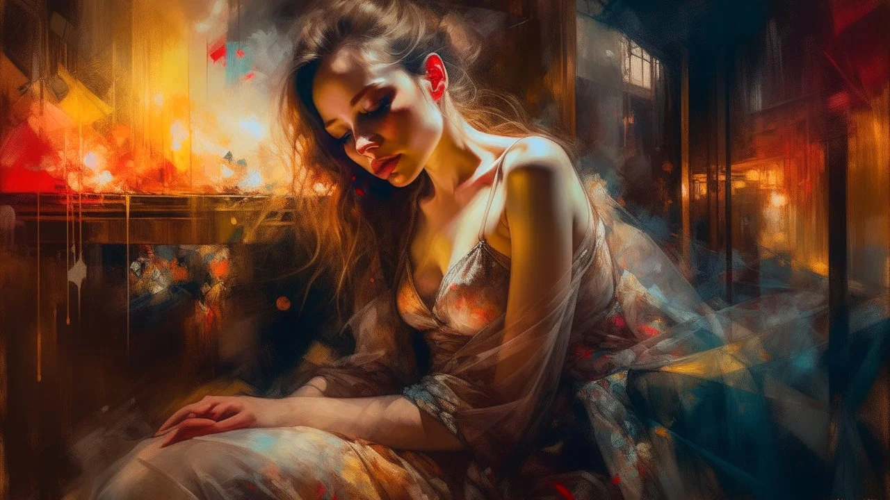 Double Exposure, Portrait of a beautiful SLEEPING woman in tulle, Detailed fabric painting, Candlelight, Insanely detailed painting by Pino Daeni, Jeremy Mann, Carne_Griffiths, Vadim Kashin, James Gurney, Double Exposure, 16k Resolution, Fine Art, Natural Light, Beautiful