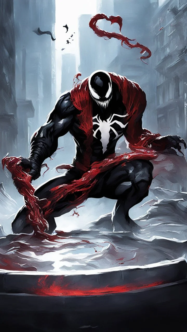 A close picture of Venom symbiote with kratos red tattoos and Clothes holding blade of choice