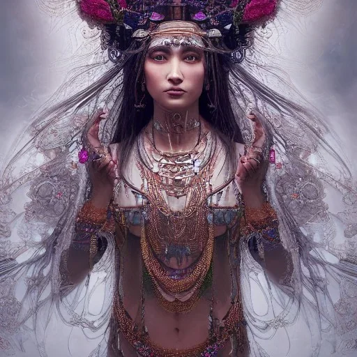 Insanely detailed photograph of an “portrait of gorgeous native goddess ” with intricate hair, intricate embroidered dress, beautiful clear face and hyperdetailed painting by Ismail Inceoglu Huang Guangjian and Dan Witz CGSociety ZBrush Central fantasy art album cover art,8K, hdr, romantic, mysterious, ominous, flowers, jewelry, comfort, natural eyes