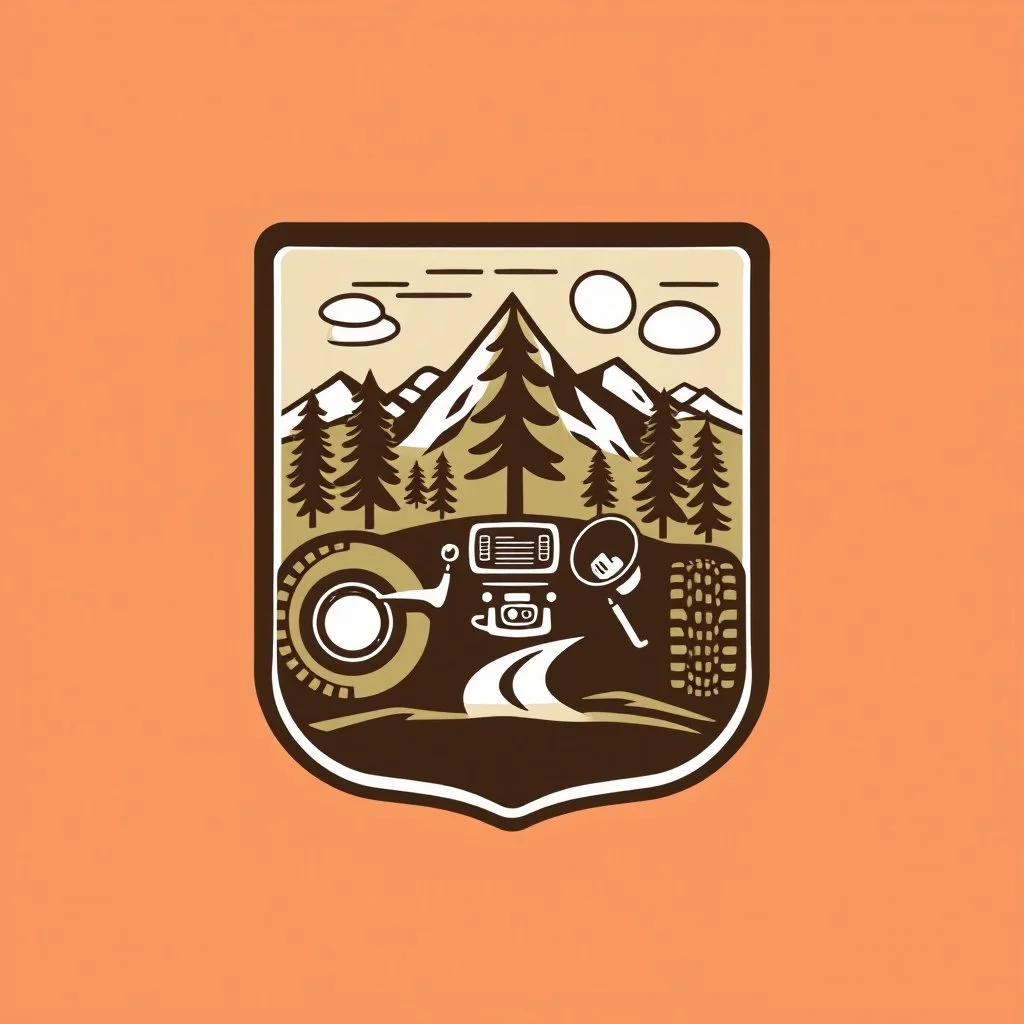 logo for a shop that installs tires and does oil changes, elements of beautiful park drives and gasoline engine insides. all inside a shield shape with squared top and rounded bottom, in the style of national parks stickers