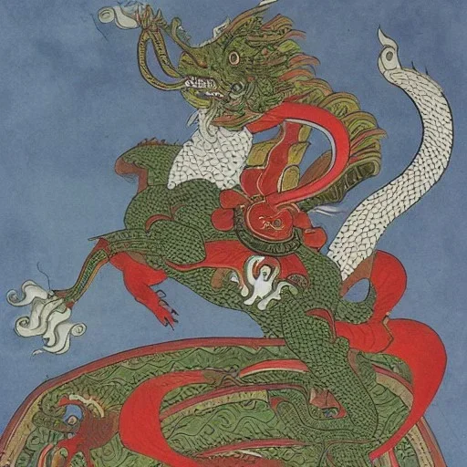 gilgemish riding a dragon in tibetian painting style