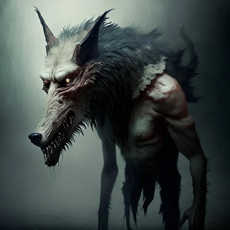 A terrible creature with a wolf's head and a human body