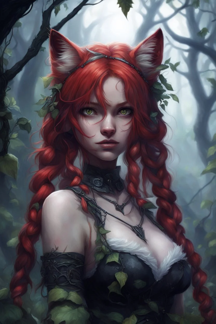 CAT GIRL, FANTASY, FORESTY, VINES, SOULLESS, FLUFFY TAIL, RED HAIR, BRAIDS, METAL