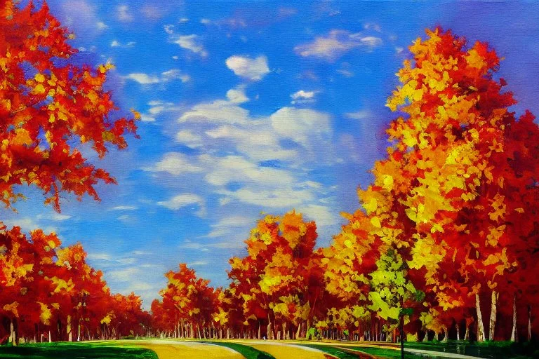 Sunny Day, futuristic buildings near the autumn trees, highway, sci-fi, impressionism painting