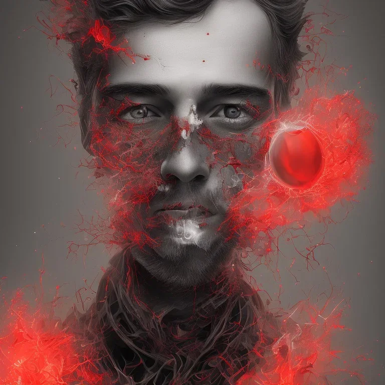 portrait of man with an exploding flower inside his face, high detailed black and white with red accents, digital painting. Seed 315684552