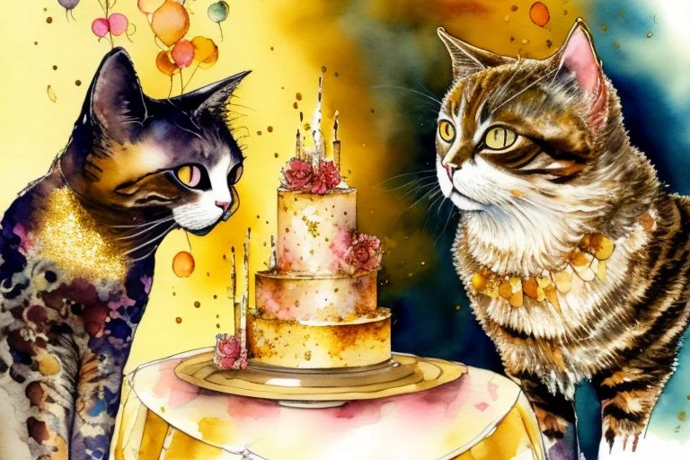 beautiful composition, cat birthday party with cake, watercolor and ink, golden glitters in ochre in sunshine