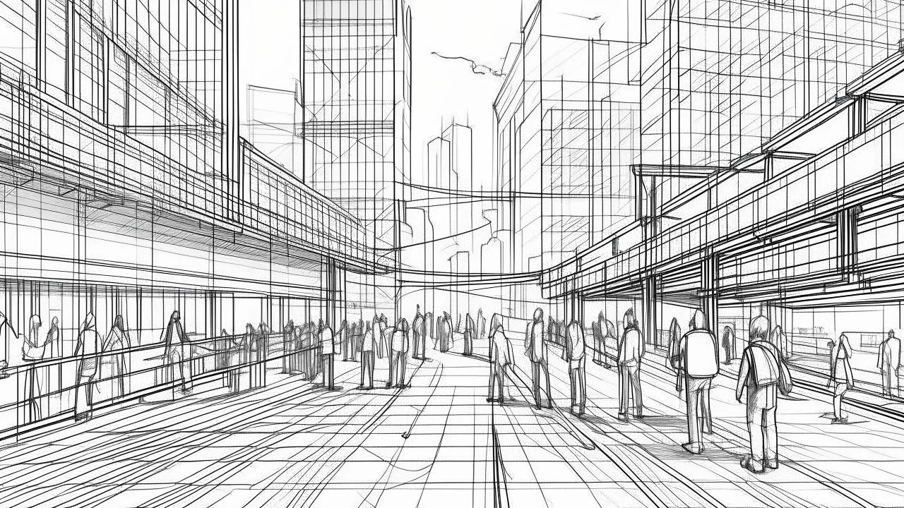 sketch lines, An urban environment displaying a modern art installation of balanced metal beams, set against a backdrop of bustling city life with people walking by., pencil drawing