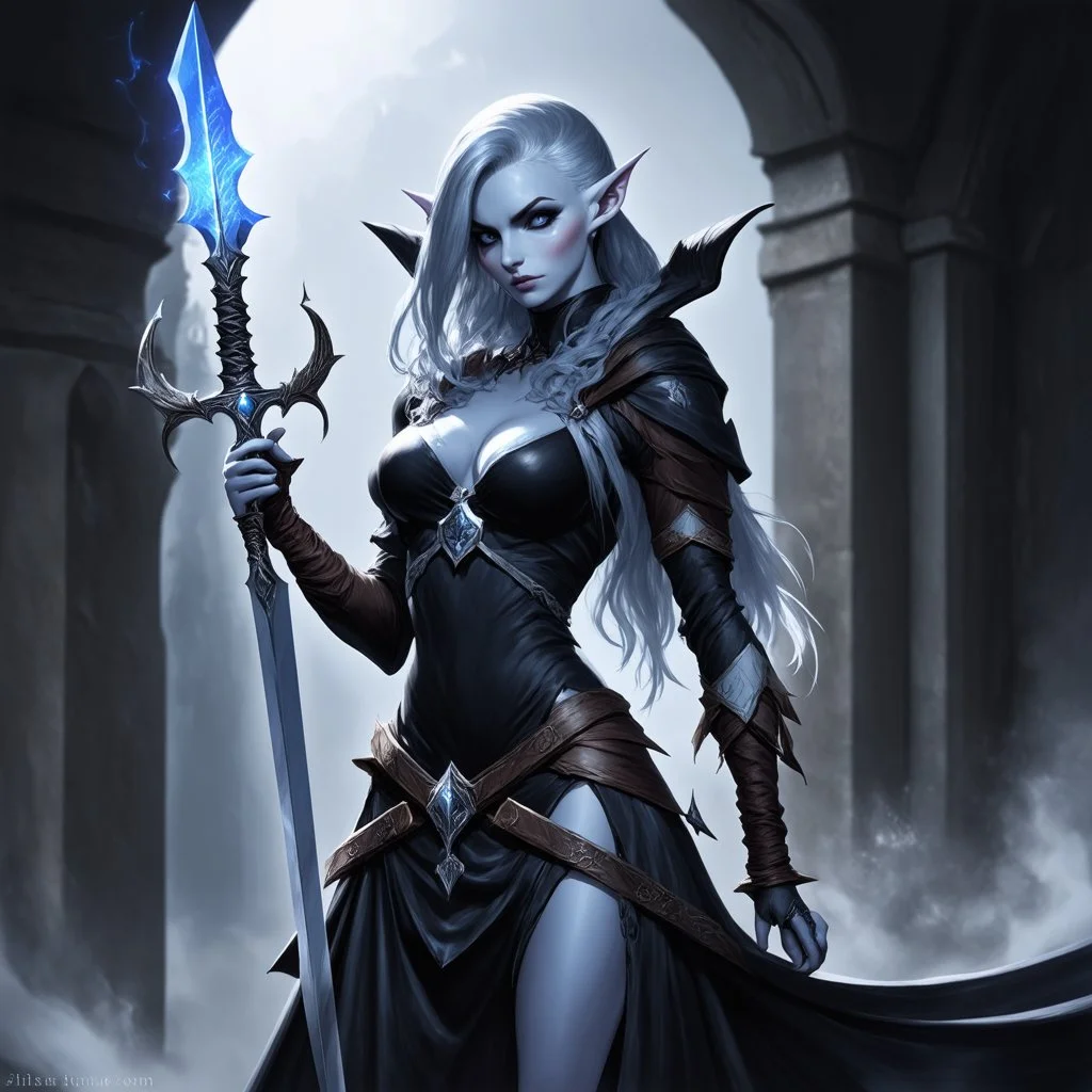 drow elf woman, spellsword, digital art, dark fantasy