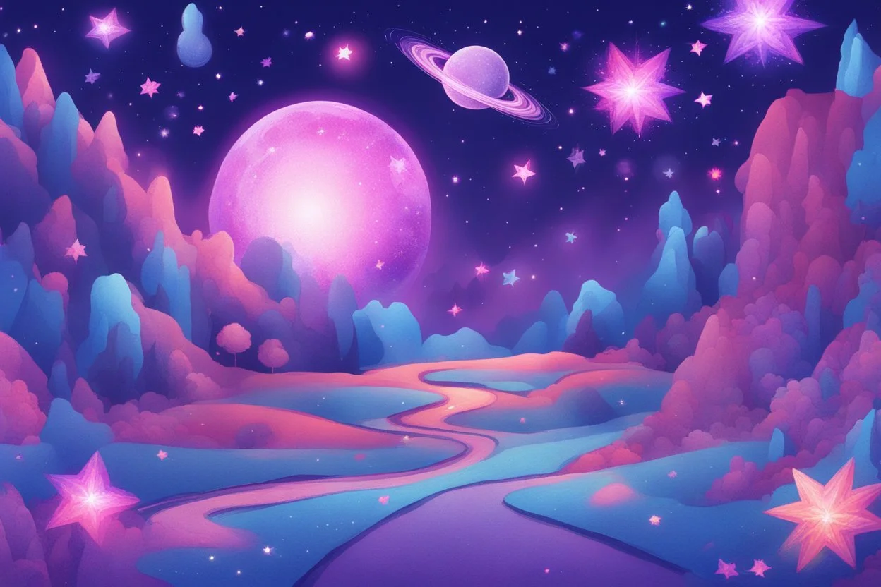 A magical galaxy drawing in the background, with lots of shining stars and bright colors. You can use blues, purples, and pinks to give your scene a whimsical feel.