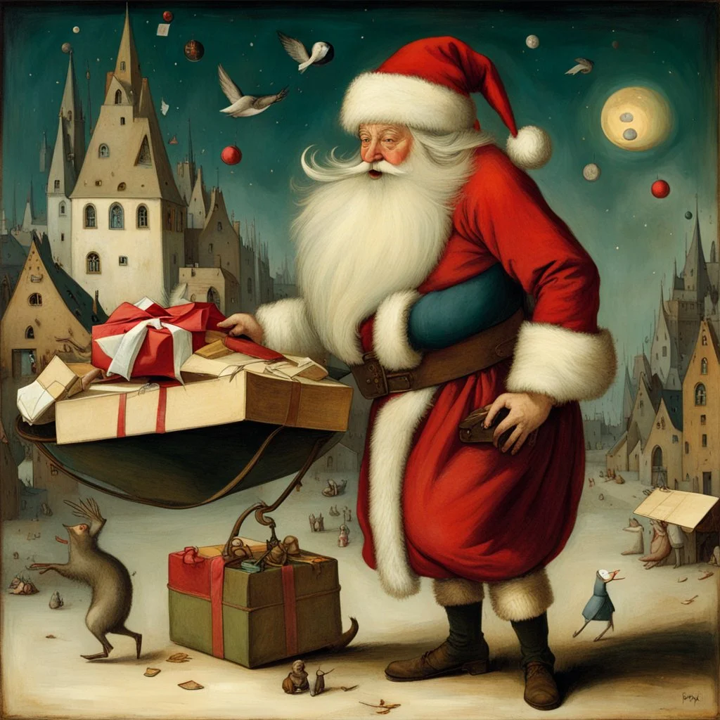 Santa Claus attempting to deliver presents to Hieronymus Bosch