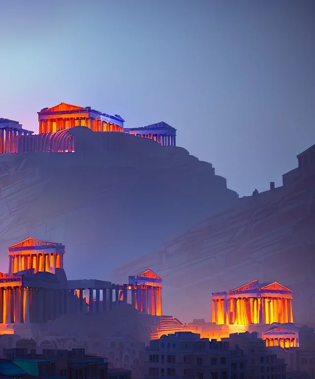 Acropolis of Athens , 8k resolution holographic astral cosmic illustration mixed media by Pablo Amaringo . midjourney style, 8k, photorealistic, cinematic lighting, dramatic, atmosphereric,