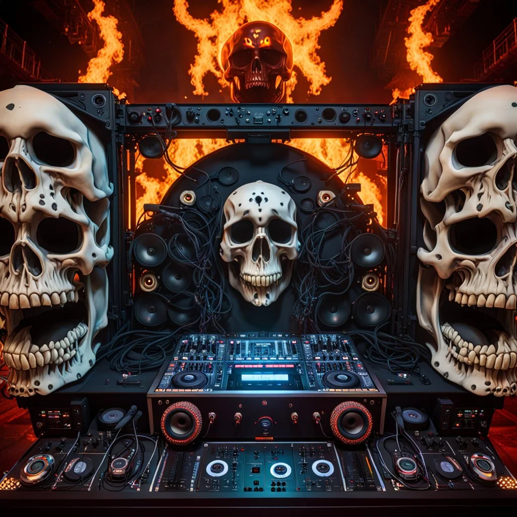 DJ of the damnded, insanely detailed DJ booth in hell, MID set, speakers and equipment made of bone, anatomically correct, add more skulls in th audience, photorealism, vray, 8k 3d, woofers in all empty eye sockets of stage equipment, wide angle, telephoto, from audience, all multicolored skulls,