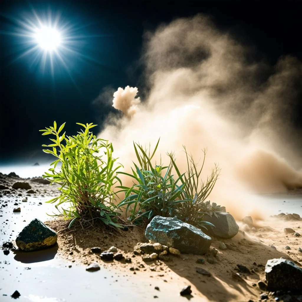 A striking quality Kodak photograph captures a wasteland with liquid and a group of plants, Amano, Audubon, creepy, details of the dust abd liquids very accentuated, glossy organic mass, adorned with minerals and rocks. Bathed in intense light, eerie, Max Ernst style, white sun, fog