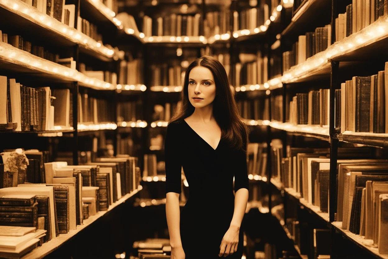 full-height shot of a woman in a tight black dress, inside a large magic book shop, shelving, lights, books, bottles, windows