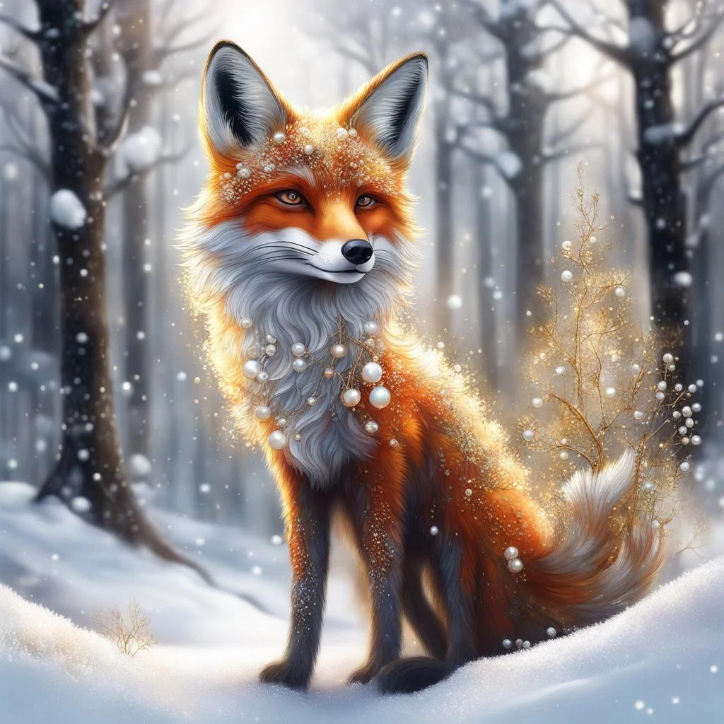 Masterpiece 3D render digital art, Sprinkle alcohol ink effects , a sprig of berries over a beautiful standing fox with a bushy tail, standing in the snow, backdrop forest winter landscape, insanely beautiful face , silver and gold snow swirl in background, pearls and beads and gold lines