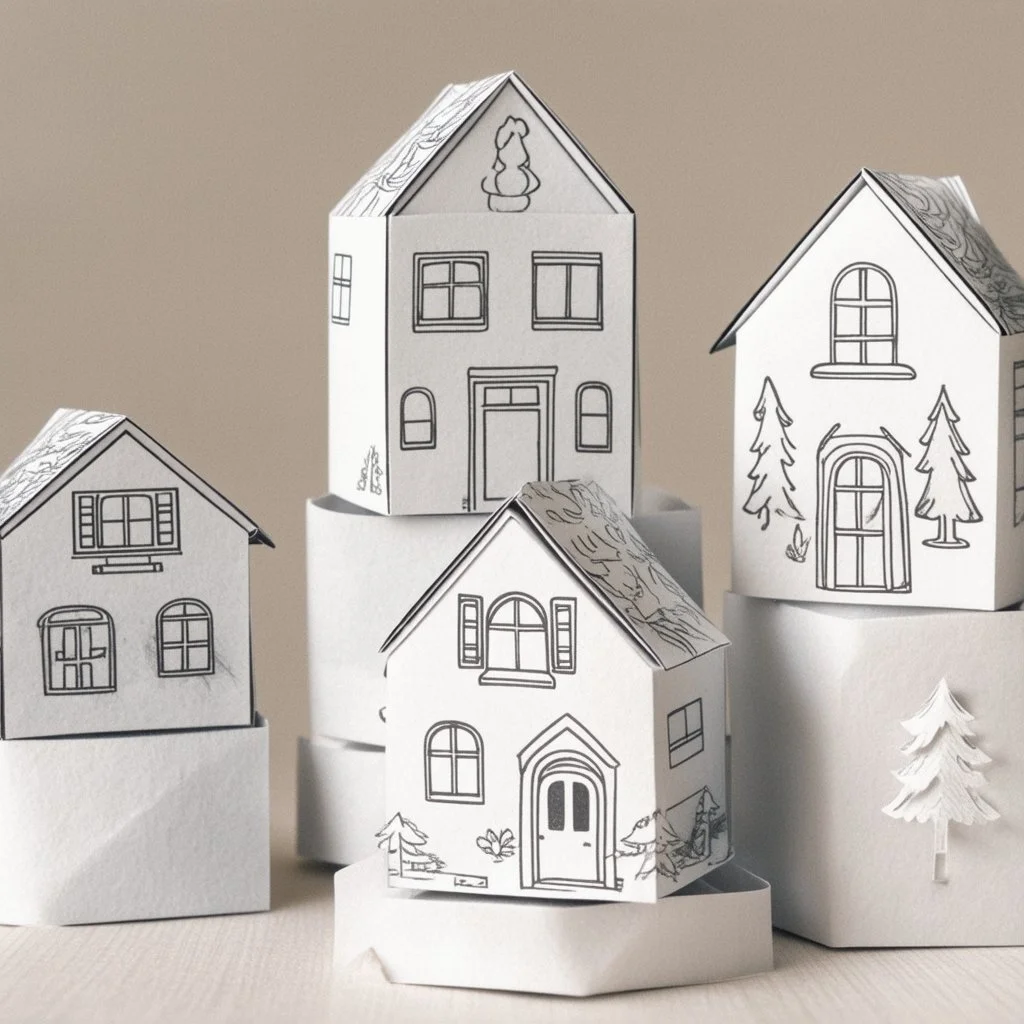 A picture of folded paper houses, the houses are surrounded by folded, cut paper trees, clean and serene vibe.