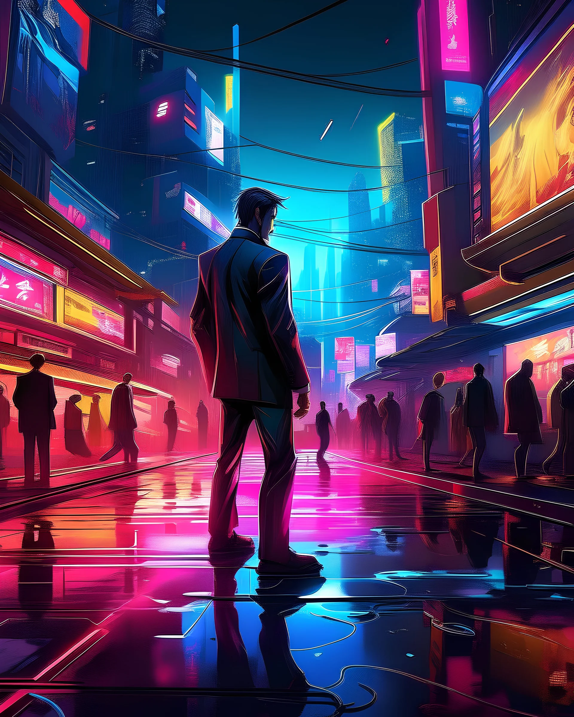 /imagine prompt: In a bustling, futuristic cityscape, a professional in a sharp business suit navigates the urban chaos in pursuit of their goals. The scene is set during the evening, with neon lights and holographic billboards casting a vibrant, cyberpunk glow on the surroundings. The professional, surrounded by a sea of faceless commuters, strides confidently through the crowded streets. The image should be rendered with a combination of sharp lines and diffused, atmospheric effects, capturing