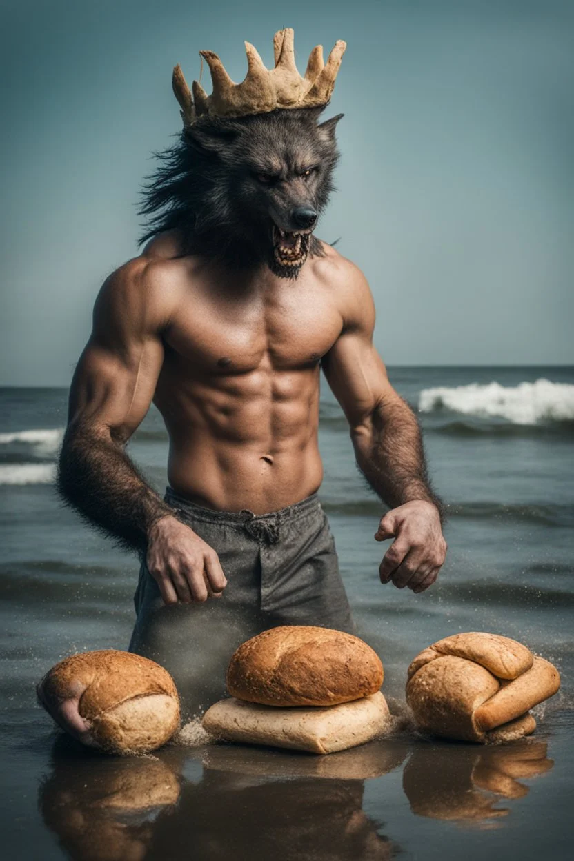 photo shoot of self aware werewolf boxing with bread with sea weed crown