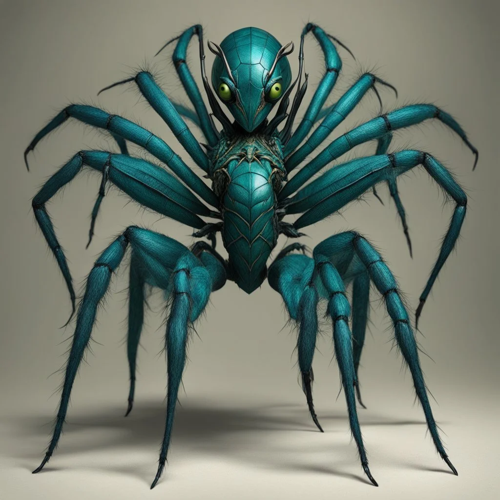 [photorealistic, greenish-blueish, half-woman] the Arachnomorph Queen, a monstrous hybrid that seemed to defy the laws of nature.Her upper torso was that of an elegant woman in revealing agent provocateur lace, but her lower body morphed seamlessly into a grotesque spider's abdomen. The eight spindly legs that supported her colossal form ended in razor-sharp pikes, glinting ominously in the dim light. The queen's eyes, like shards of obsidian, fixed upon the intruders with a malevolent intellige