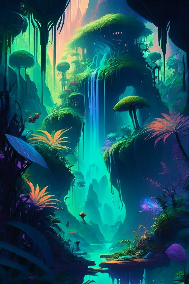 A fantastical landscape painting of a lush, alien jungle on a distant exoplanet, with bioluminescent plants, towering waterfalls, and an array of otherworldly creatures, executed in a rich color scheme and imbued with a sense of awe and wonder.