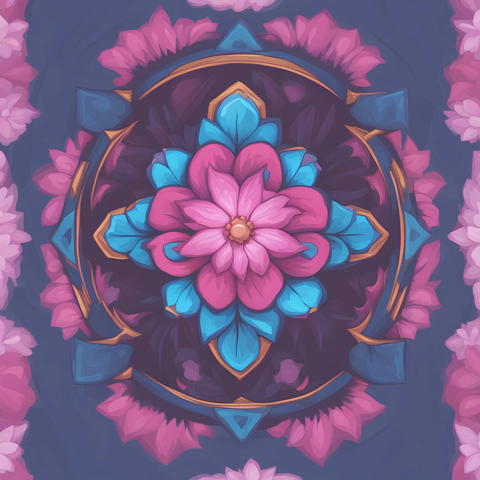 cartoon pink and blue flower, top view, warcraft style
