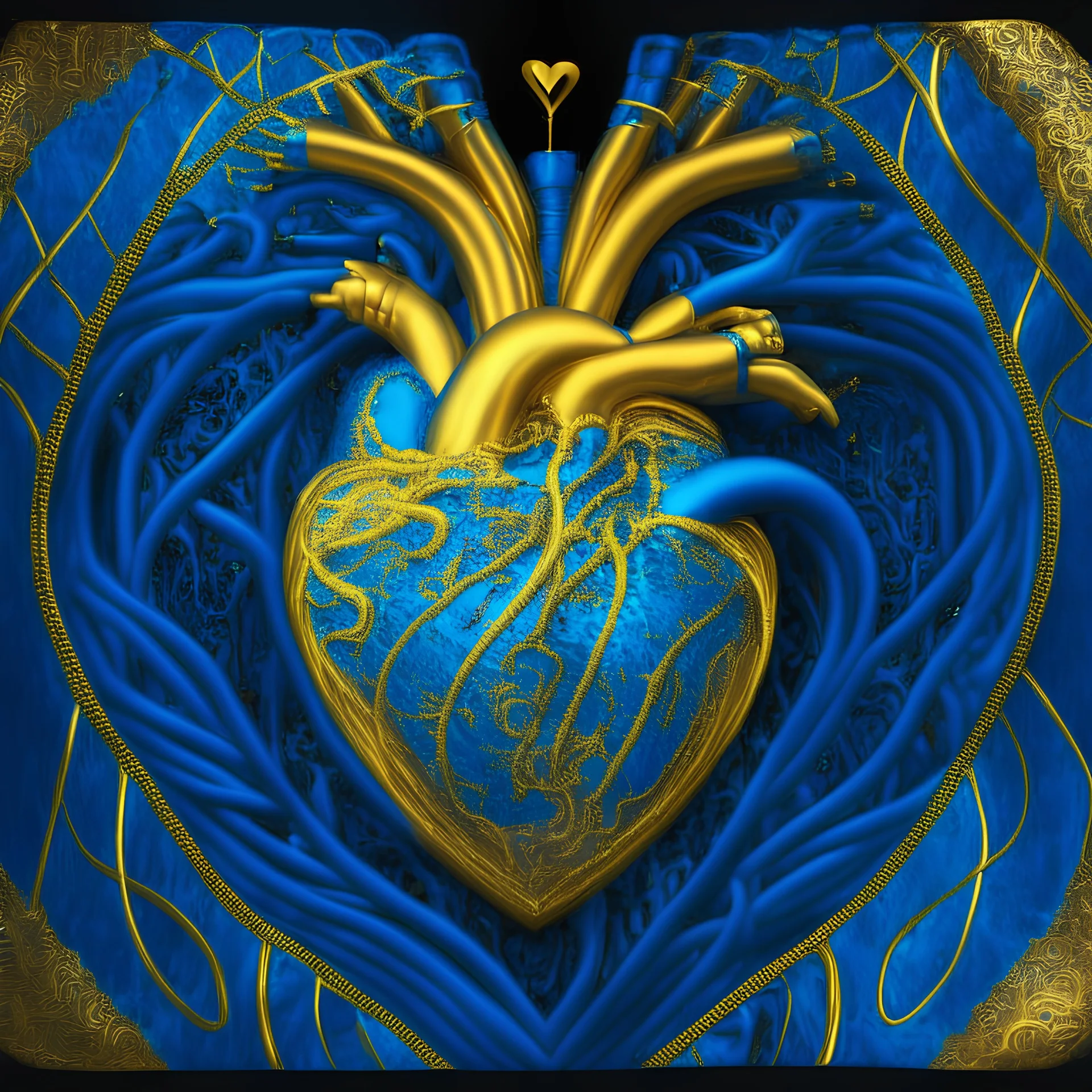 electric heart in blue and golden tapestry