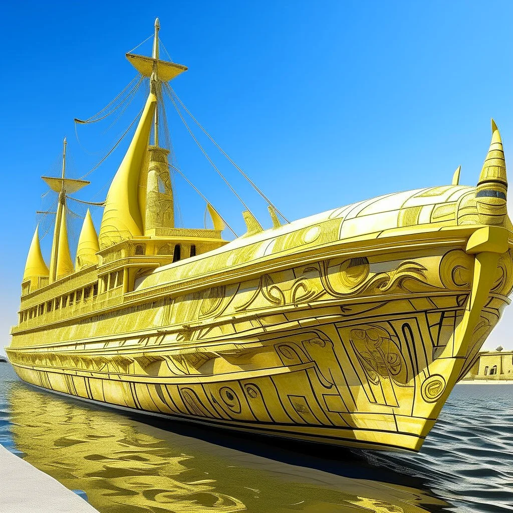 A pale yellow lightning yacht designed in ancient Egyptian architectures and sculptures painted by Zosan