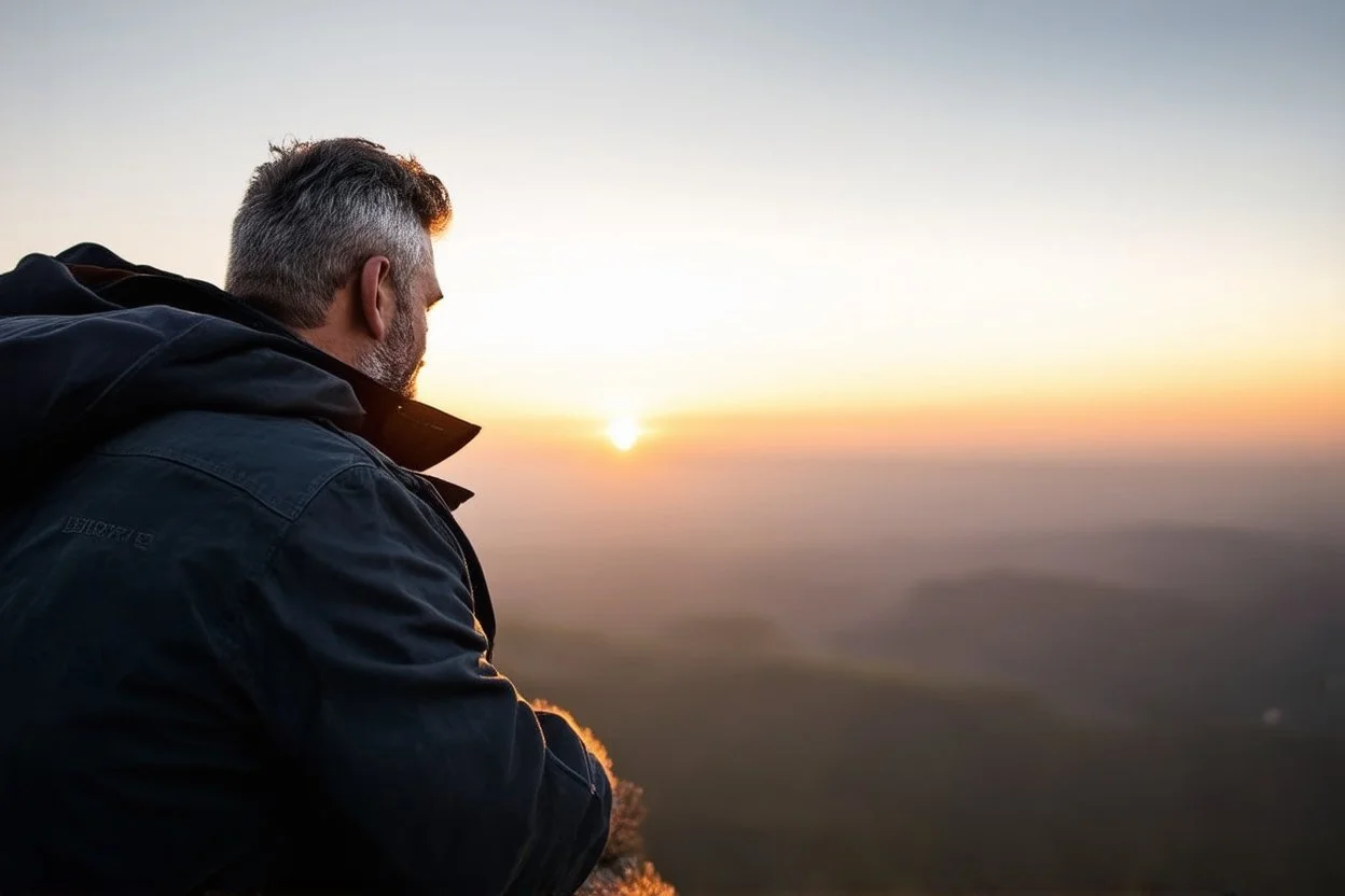 a brawny man with grey hair views sunset from a cliff
