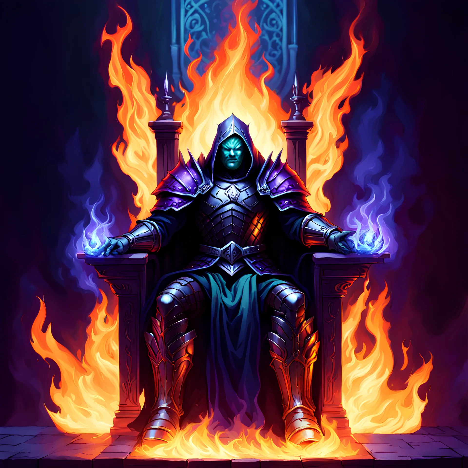 dark judge sitting on a flaming throne, purple-blue-green armor, darkness