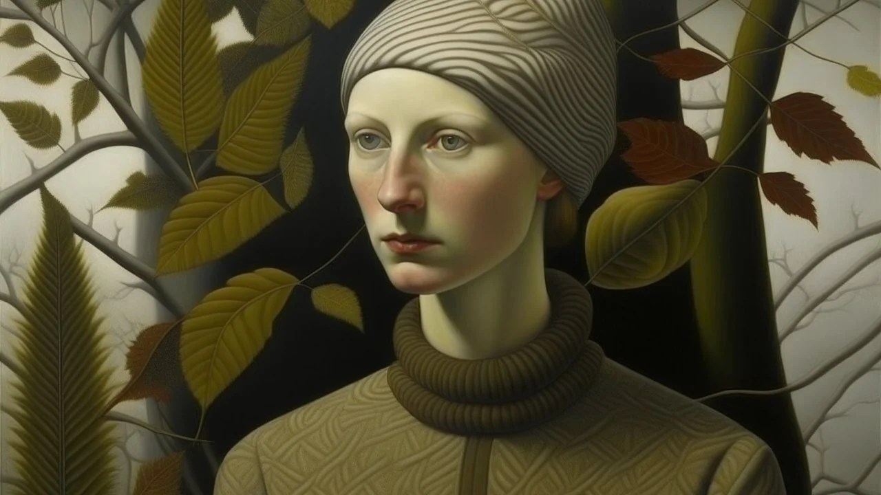 painting of a woman with a leaf on her head, branches sprouting from her head, by Lucian Freud, high detail alex colville, lucien freud, inspired by Christoffer Wilhelm Eckersberg, alex colville, by Paul Bodmer, by Will Barnet, by Wilhelm Sasnal, by Felice Casorati, rene magritte. detailed