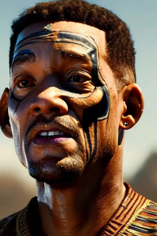 ein perfektes bild von will smith als azteke,kopf portrait,realistic, indianer,gesichtsbemalung, perfect face, sharp focus, woods, kostüm, häuptling, federn,8k quality