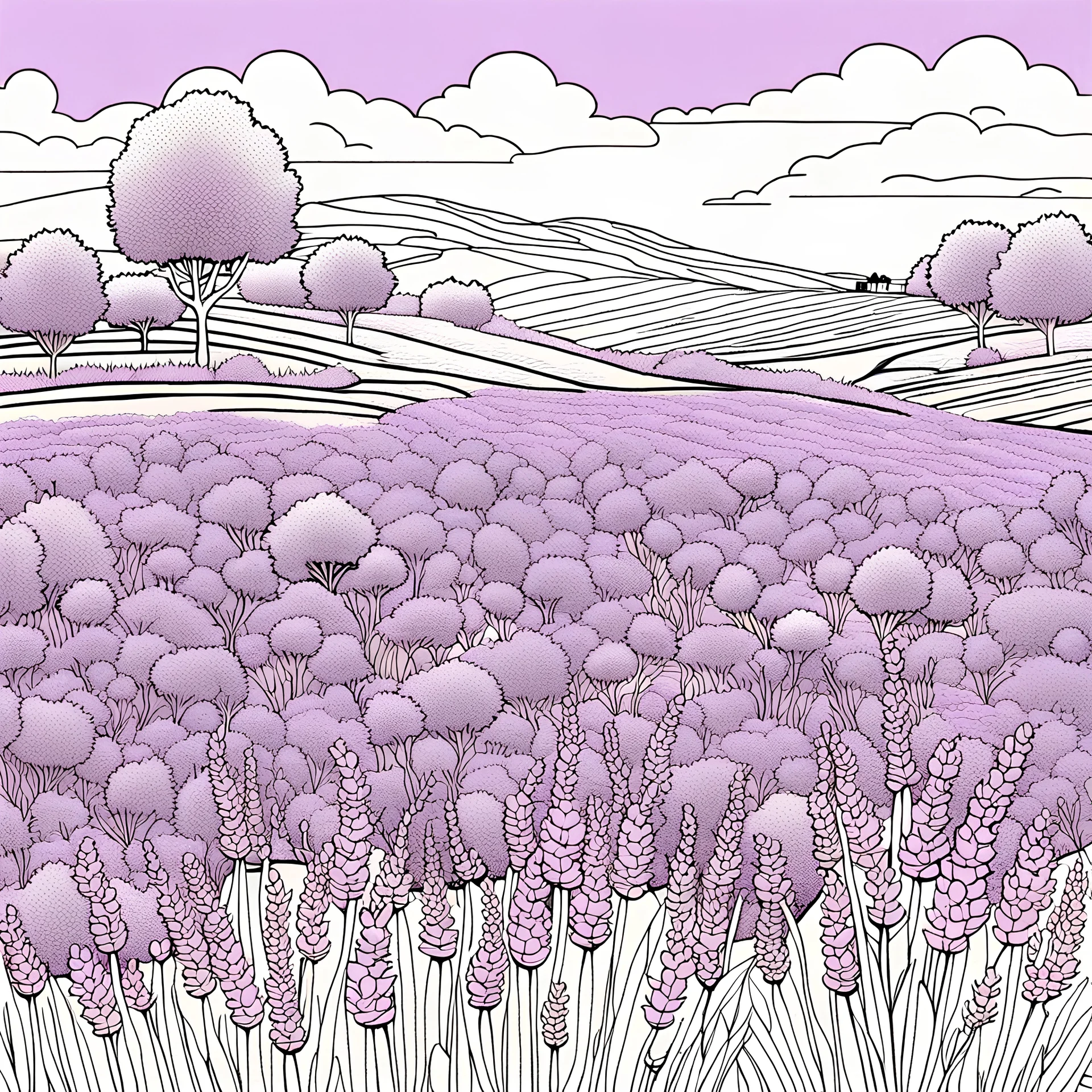 coloring page of A field of lavender in full bloom, creating a sea of purple ,line art landscape,stone,cute flowers,cute trees, much details, dark outlines,vector --ar 2:3