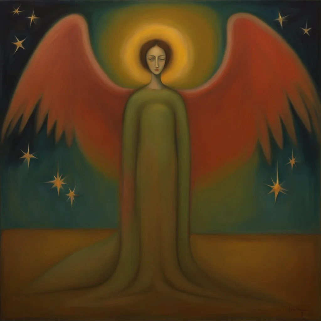 Since my angel stopped watching over me, he can freely unfold his wings and split the silence of the stars, semi-abstract painting by artist "Mark Rothko", by artist "Leonora Carrington"