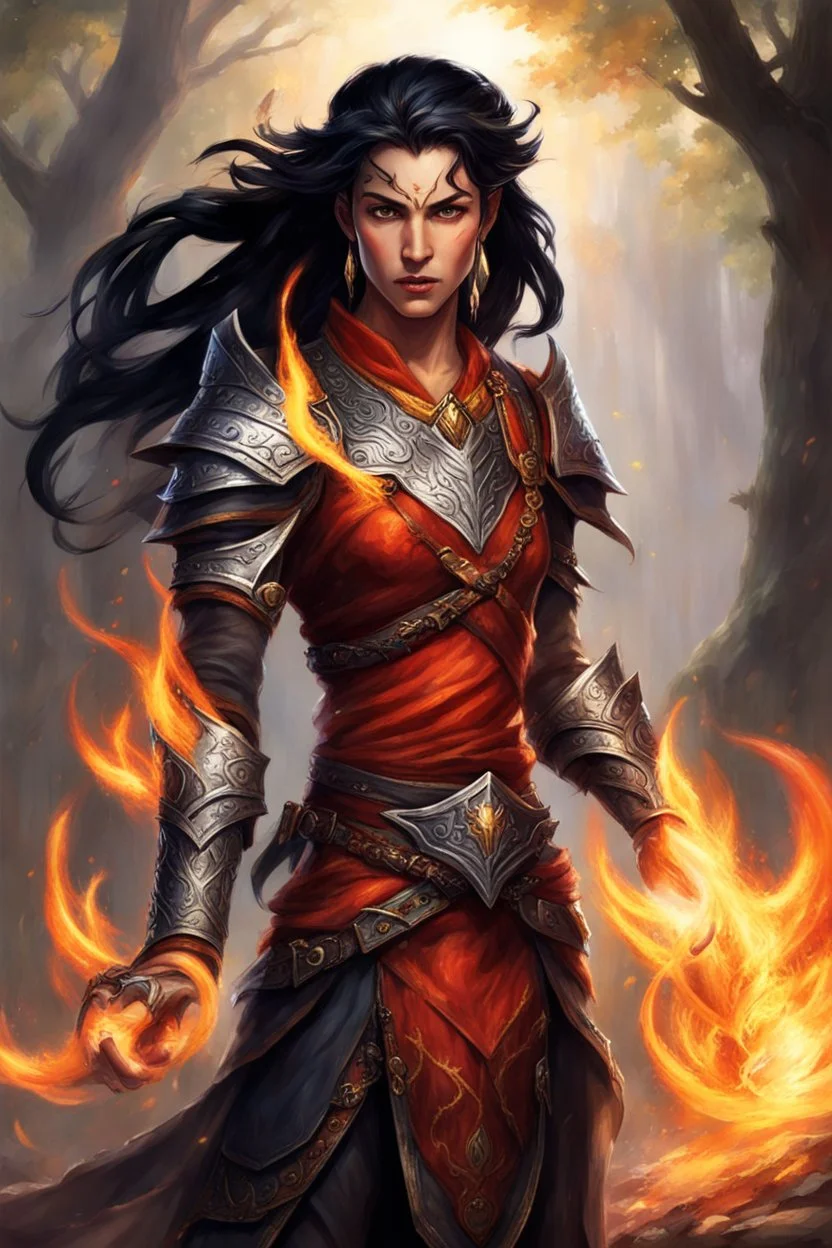 Visualize a fierce eladrin druid with blazing jet-black hair, half braided and half down, emanating flames as she makes fire with her hands. Her eyes shine bright red, and a big scar on her face tells of battles fought. Clad in light armor, she embodies strength and elemental mastery.