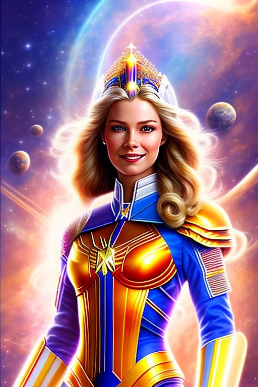 cosmic woman smile, admiral from the future, one fine whole face, crystalline skin, expressive blue eyes,rainbow, smiling lips, very nice smile, costume pleiadian, Beautiful tall woman pleiadian Galactic commander, ship, perfect datailed golden galactic suit, high rank, long blond hair, hand whit five perfect detailed finger, amazing big blue eyes, smilling mouth, high drfinition lips, cosmic happiness, bright colors, blue, pink, gold, jewels, realist, high commander