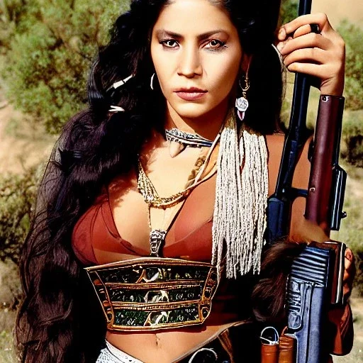 beautiful female mexican outlaw wearing holster with two guns on waist and two rows of bullets in bandolier across chest standing in front of adobe house, long black wavy hair, gorgeous, stunning face, 8k, high-quality, ultra-fine detail, 1800s wild west, detailed matte painting, brian froud, howard lyon, selina french, anna dittmann, annie stokes, lisa parker, greg rutowski, alphonse mucha