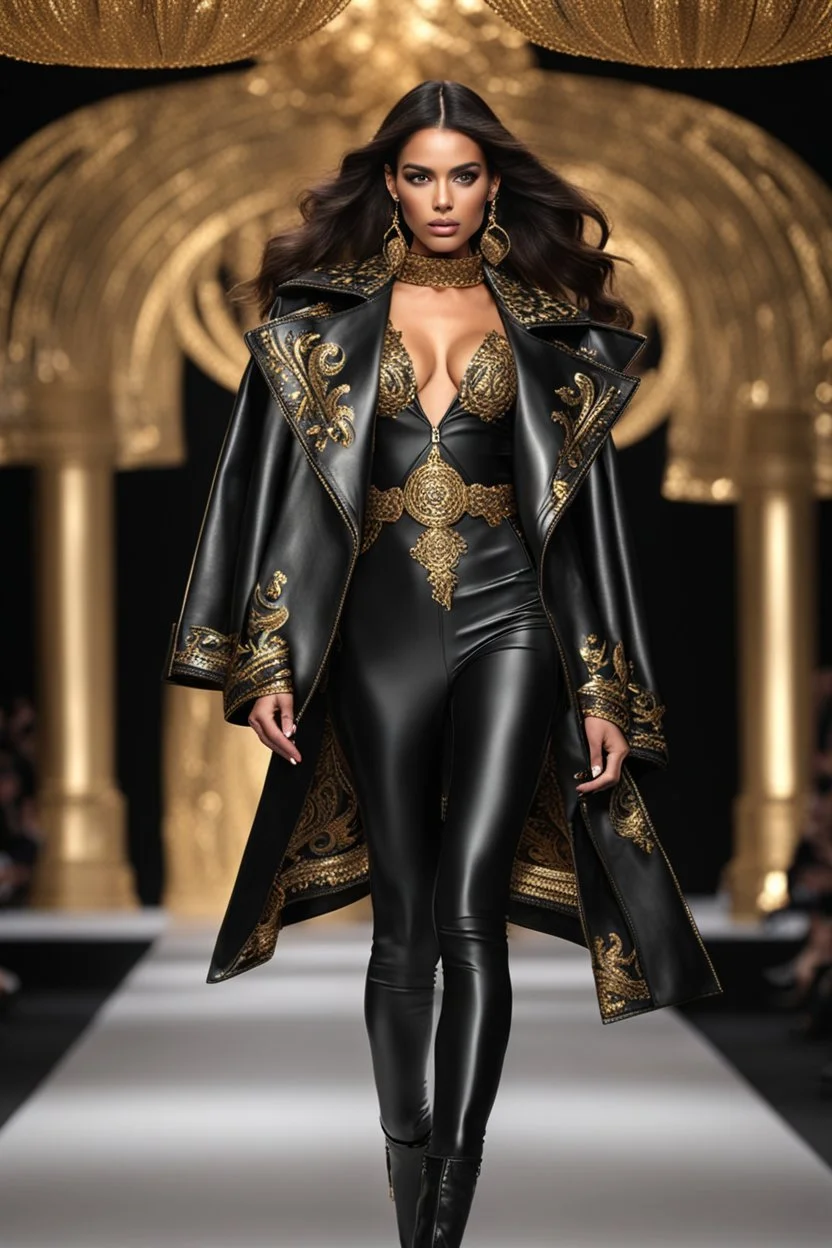 Photography full body sexy beautiful modeling girl on fashion show using A high detailed 3d render of a black and fully gold ornaments long black leather jacket.