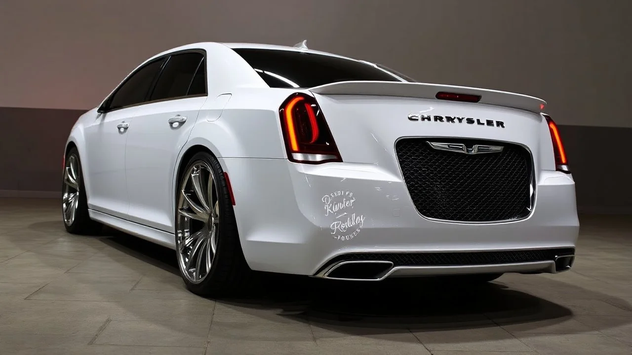 "A sleek white Chrysler 300 with custom LED headlights and smoked taillights, featuring a mesh grille in chrome with black accents. It has a subtle carbon fiber ducktail spoiler, sitting on 22” multi-spoke concave wheels in brushed silver. The suspension is lowered slightly for a more aggressive stance, while the body is painted a glossy black. The interior boasts custom leather upholstery with ambient lighting for a refined, luxurious look."