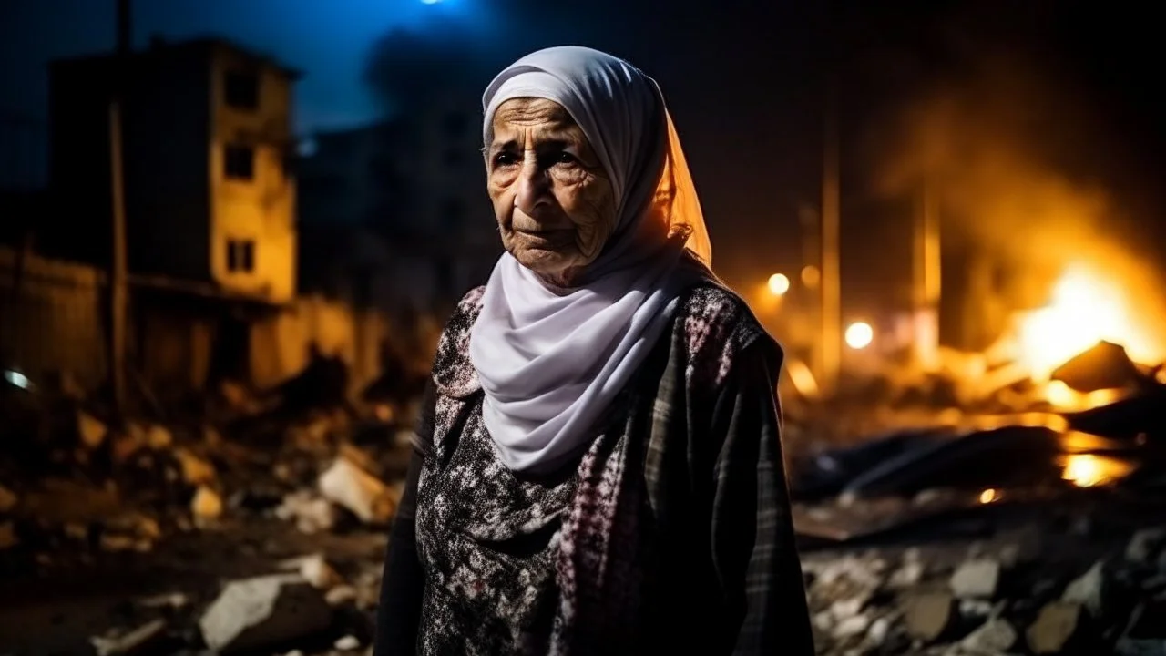 Palestinian old woman wears the keffiyeh , Carrying a small city ,at summer , Destroyed Buildings , with a Explosions, at night