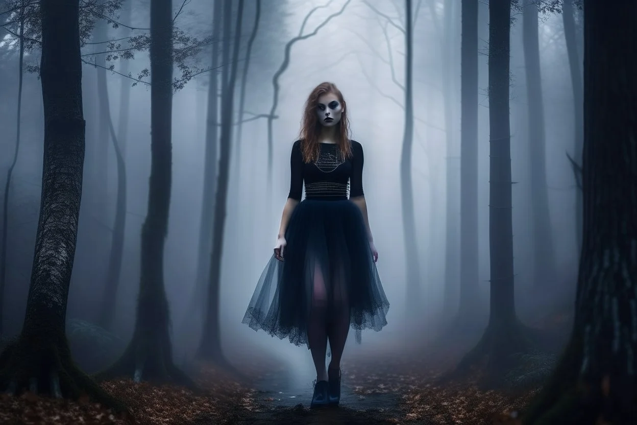 full-height shot of a young witch in a tight black skirt, in a wood, with mist