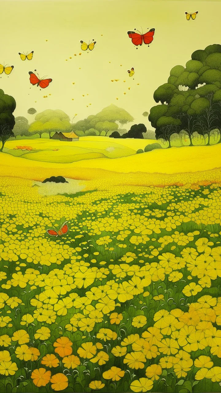 A yellow stinky field with butterflies painted by Cai Jia