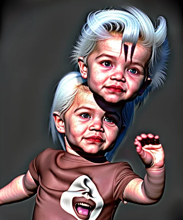 Pedro almodovar toddler, full body, white hair, dramatic lighting, hyper realistic
