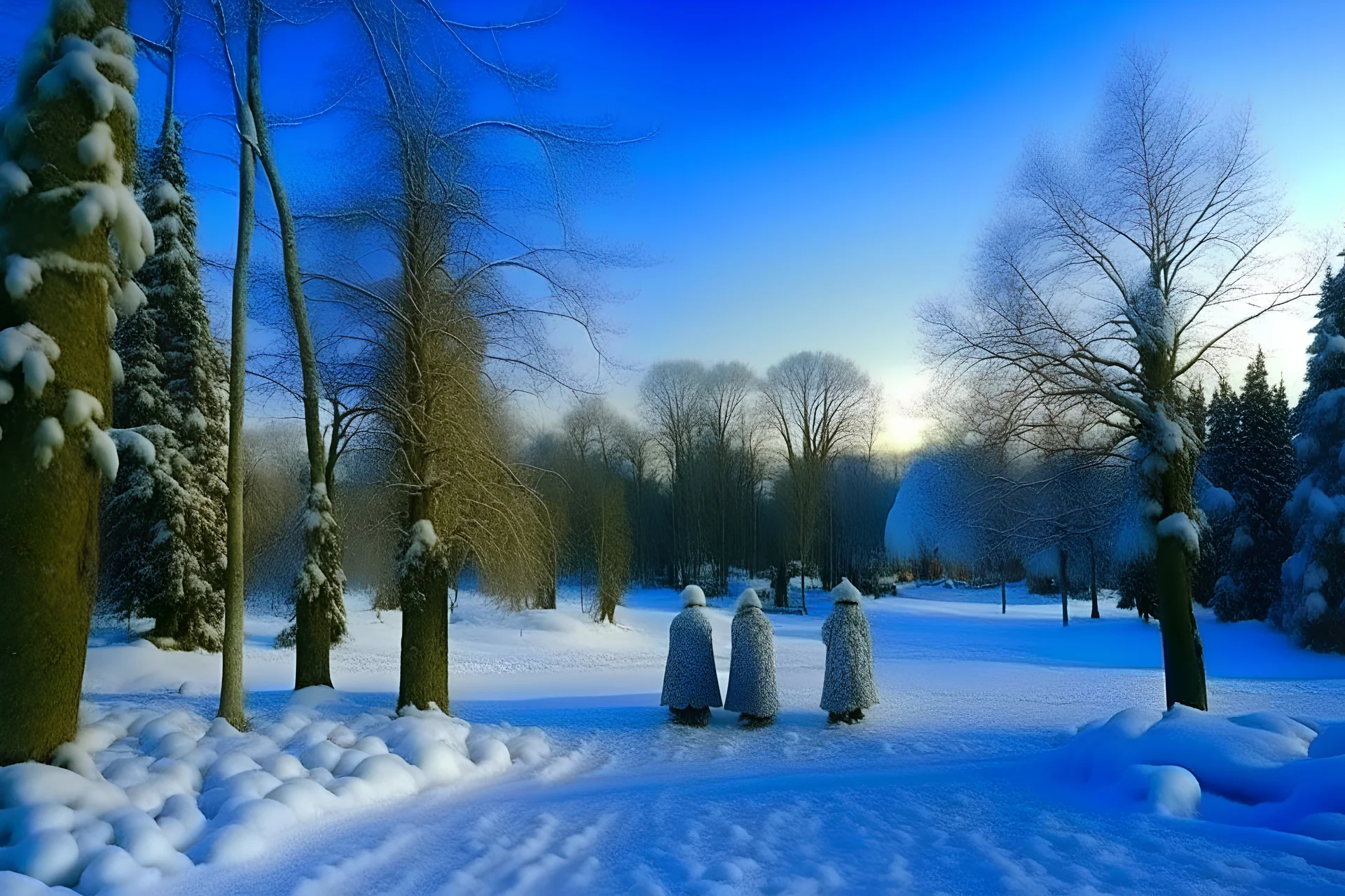 Winter trees, Josephine Wall, Catherine Welz Stein, Elegant, fantasy, intricate, very attractive, beautiful, watercolor, mystic, art deco, Yacek Yerka, Deep, Dee Nickerson, funkelnd, very deep, glitzernder, Schnee, spirit in the sky