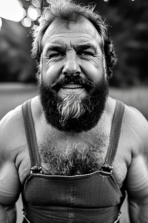 Close up photography, 35mm lens lens, a happy smiling muscular Sardinian shepherd burly chubby man 58 years old, lying down in the meadow near a little tree, ugly and dirty, bullneck, manly chest, in tank top and overalls, wild white beard, ambient occlusion, strong sunshine, emotive eyes, misery and poverty, side view