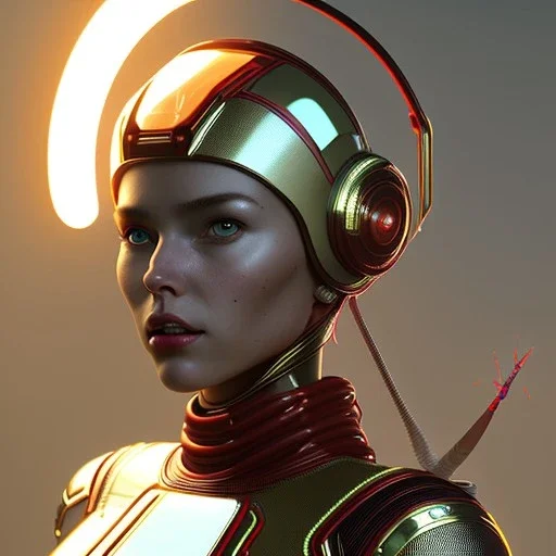 woman, rounded face, red, round helmet, decorative color feathers, retro futuristic, latex coat, soft color, highly detailed, art stations, concept art, smooth, unreal engine 5, god rays, ray tracing, RTX, lumen lighting, ultra detail, volumetric lighting, 3d, finely drawn, high definition, high resolution.