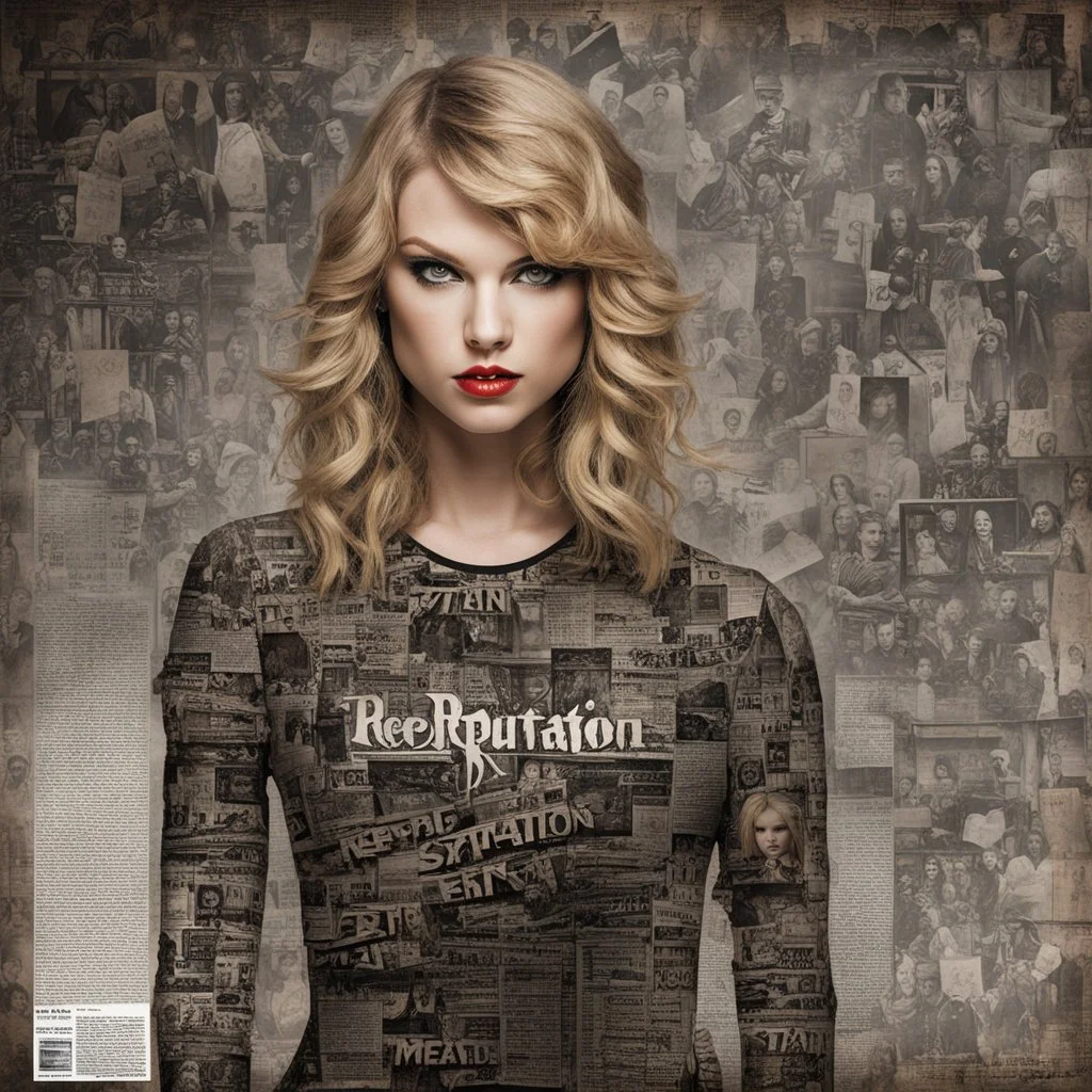 heavy metal album cover art, imaging album "Reputation" by Taylor Swift as a heavy metal album, by Wes Benscoter, by Derek Riggs, newspaper print double exposure.