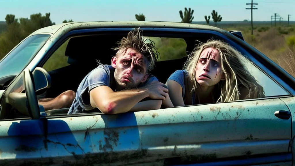 In car picture of man and crying lady sit in front seat of broken down jetta on side of the road